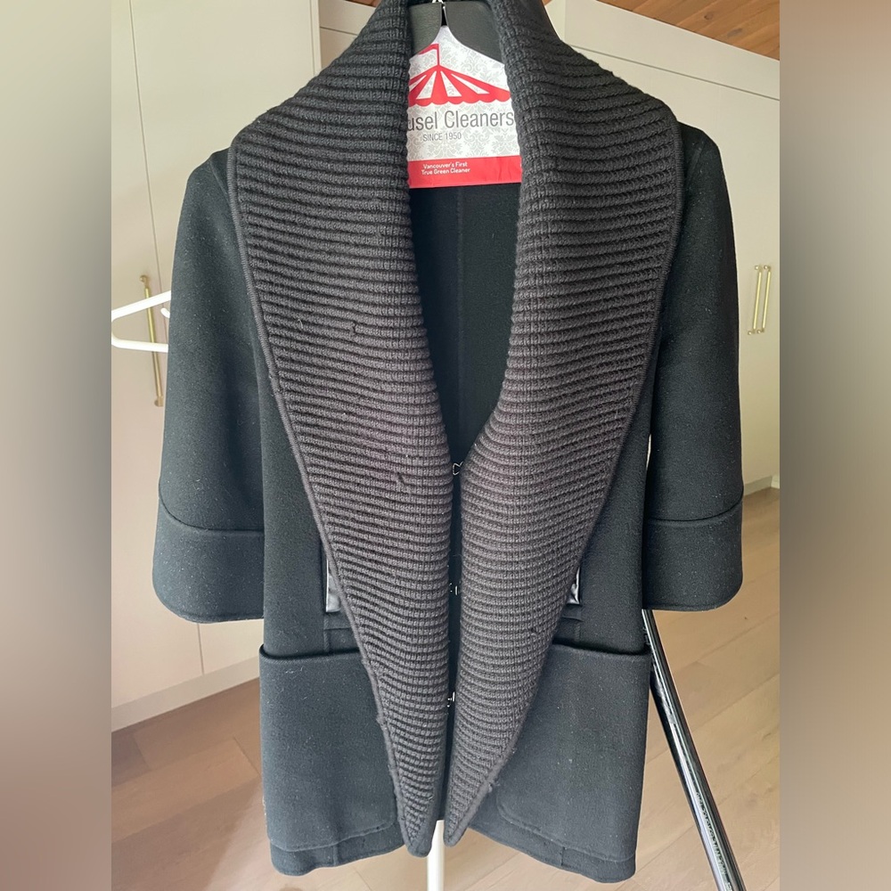 Mackage shawl neck coat with hook eye closure.  Black size small.